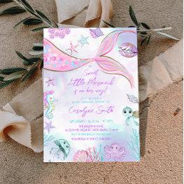 Small Little Mermaid Purple Pink Baby Shower Invitation Front View