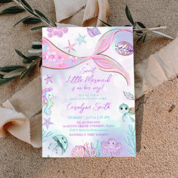 little mermaid purple pink baby shower invitation