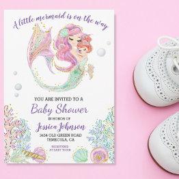 Small Little Mermaid Watercolor Baby Shower Invitation Front View