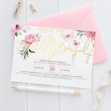 little miss onederful pink floral 1st birthday foil invitation