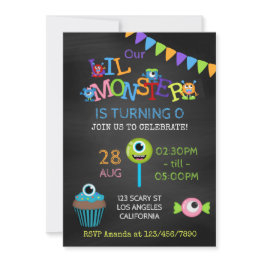 Small Little Monster Any Age Photo Birthday Chalkboard Invitation Front View