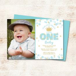 Small Little Prince First Birthday Blue Gold Photo Invitation Front View