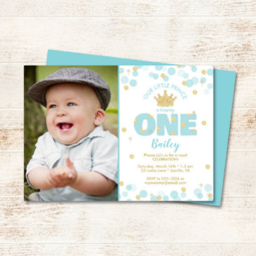 little prince first birthday blue gold photo invitation