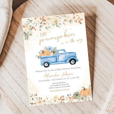 little pumpkin blue truck baby shower invitation