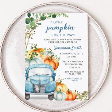 little pumpkin blue truck baby shower invitation