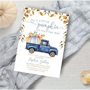 little pumpkin blue truck fall boy baby shower invitation