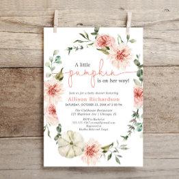 Small Little Pumpkin Fall Blush Pink Floral Greenery Invitation Front View