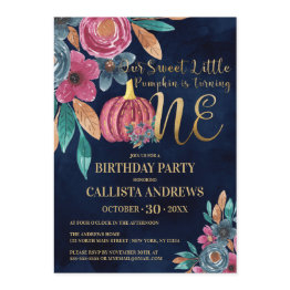 Small Little Pumpkin Fall Gold Floral 1st Birthday Invitation Front View