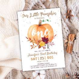 Small Little Pumpkin Gender Neutral Fall 1st Birthday Invitation Front View