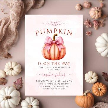 little pumpkin is on the way pink bow baby shower invitation