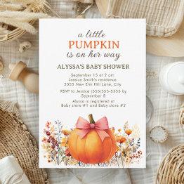 Small Little Pumpkin On Her Way Autumn Baby Shower Invitation Front View