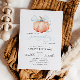 Small Little Pumpkin On The Way Blue Bow Boy Baby Shower Invitation Front View