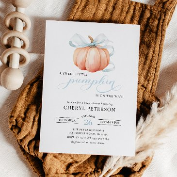 little pumpkin on the way blue bow boy baby shower invitation