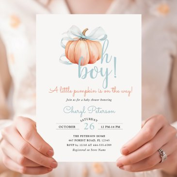 little pumpkin on the way blue bow boy baby shower invitation