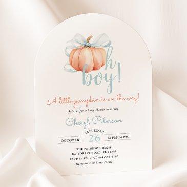 little pumpkin on the way blue bow boy baby shower invitation