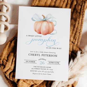 little pumpkin on the way blue bow boy baby shower invitation