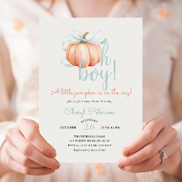 Small Little Pumpkin On The Way Blue Bow Boy Baby Shower Invitation Front View