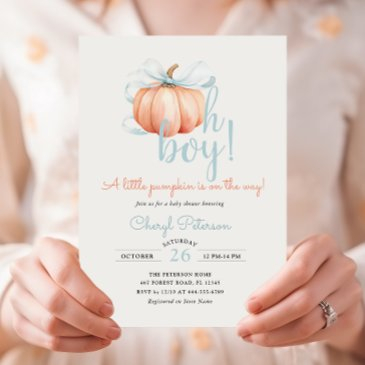 little pumpkin on the way blue bow boy baby shower invitation