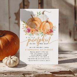 Small Little Pumpkin On The Way Fall Floral Baby Shower Invitation Front View