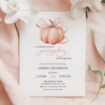 little pumpkin on the way pink bow baby shower invitation