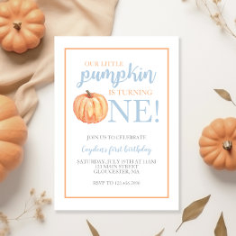 Small Little Pumpkin Pastel Blue Fall First Birthday Inv Invitation Front View