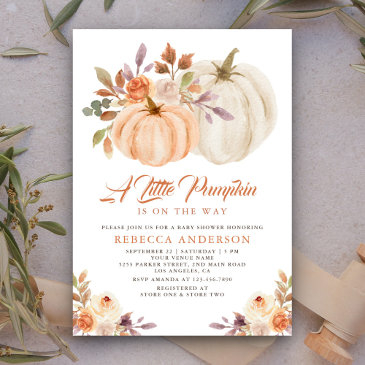 little pumpkin rustic earthy floral baby shower invitation