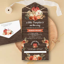 Small Little Pumpkin Rustic Wood Terracotta Baby Shower All In One Invitation Front View