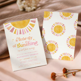 Small Little Ray Of Sunshine Boho Retro Girl Baby Shower Invitation Front View