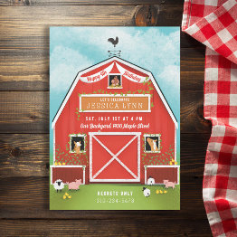 Small Little Red Barn Farm Birthday Party Invitation Front View