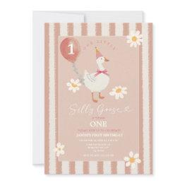 Small Little Silly Goose Daisy Girl 1st Birthday Invitation Front View