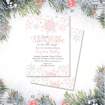 little snowflake baby shower invite in pink silver