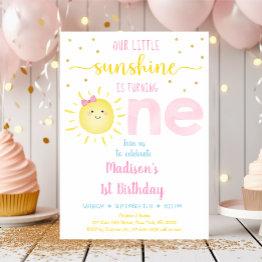 Small Little Sunshine Pastel Pink Gold First Birthday Invitation Front View