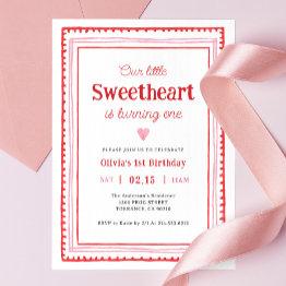 Small Little Sweetheart Valentine 1st Birthday Party Invitation Front View