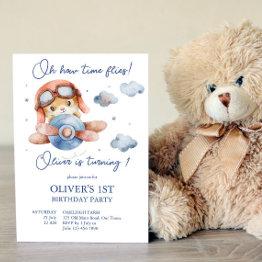 Small Little Tiny Pilot Airplane Time Flies Birthday Invitation Front View