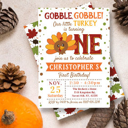 Small Little Turkey Fall Thanksgiving 1st Birthday Invitation Front View