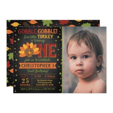 little turkey fall thanksgiving 1st birthday photo invitation
