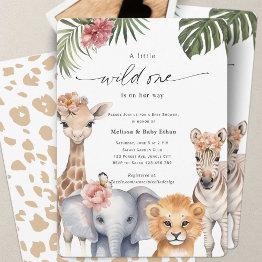 Small Little Wild One Safari Baby Animals Baby Girl Show Invitation Front View