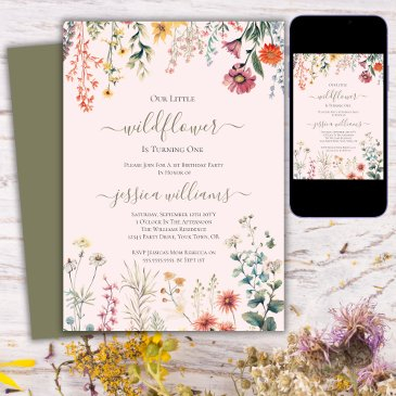 little wildflower turning one pretty 1st birthday invitation