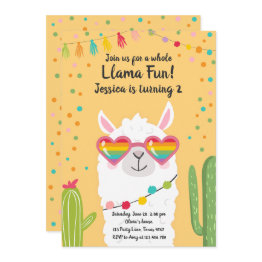 Small Llama Fiesta Heart Sunglasses Birthday Invitation Front View