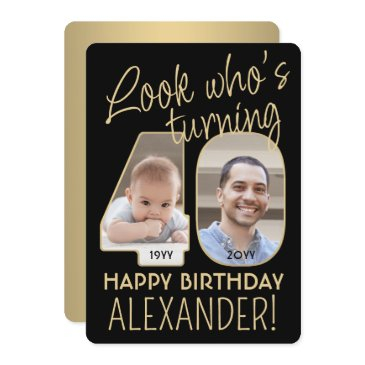 look who's 40 black & gold birthday party 2 photo invitation
