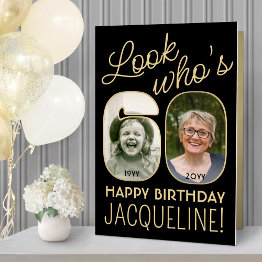 Small Look Who's 60 Black & Gold Giant 2 Photo Birthday Invitations Front View