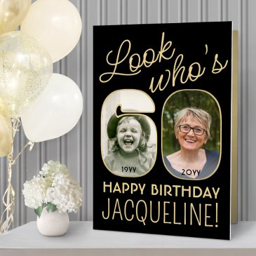 look who's 60 black & gold giant 2 photo birthday invitations
