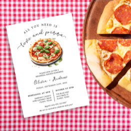 Small Love And Pizza Rehearsal Dinner Invitation Front View