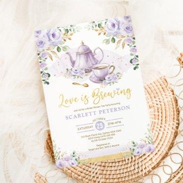 love is brewing purple flower bridal shower tea invitation