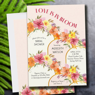 love is in bloom floral gold arch bridal shower invitation