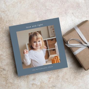 love light dusty blue hanukkah 2 photo square holiday invitations