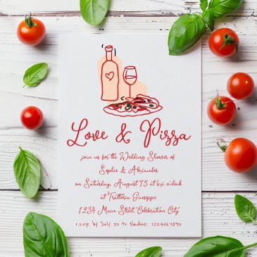 love & pizza whimsical hand drawn wedding shower invitation