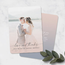 Small Love & Thanks Pink & Blue Wedding Photo Overlay Thank You Invitations Front View