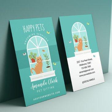 loveable happy cat on window sill pet sitting business invitations