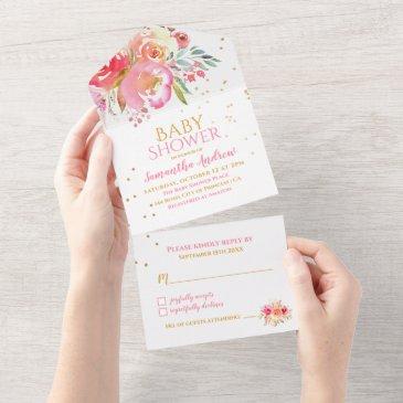 lovely watercolor floral girl baby shower all in one invitation